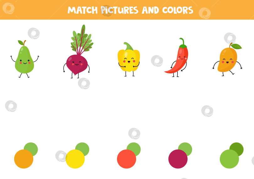 Скачать Подбирайте цвета к фруктам и овощам в стиле каваи. Обучающий лист для детей. фотосток Ozero