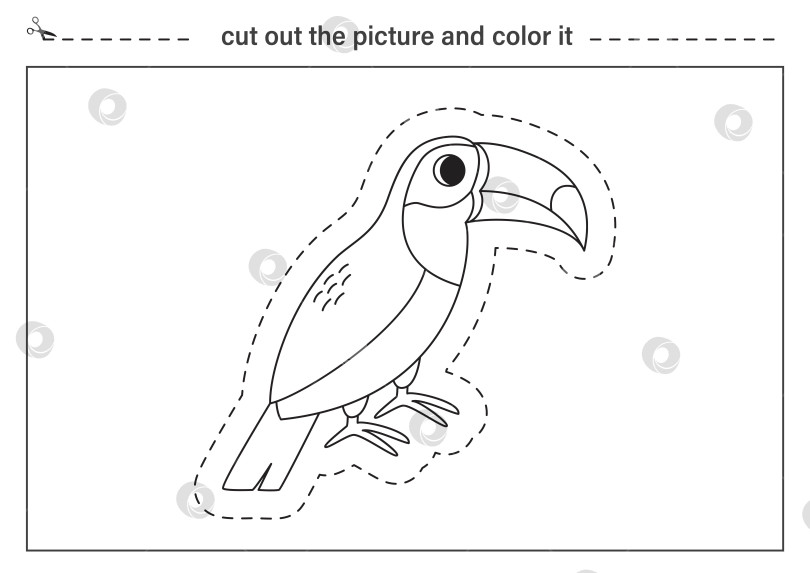 Скачать Упражнение по вырезанию для детей. Черно-белый лист. Вырежьте мультяшную птицу тукан. фотосток Ozero