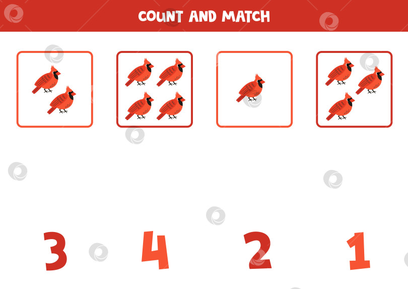 Скачать Игра со счетом для детей. Сосчитайте всех птиц красного кардинала и сопоставьте с цифрами. Рабочая тетрадь для детей. фотосток Ozero
