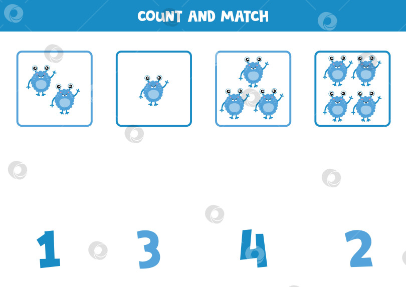 Скачать Игра со счетом для детей. Сосчитайте всех синих монстров и сопоставьте их с цифрами. Рабочая тетрадь для детей. фотосток Ozero