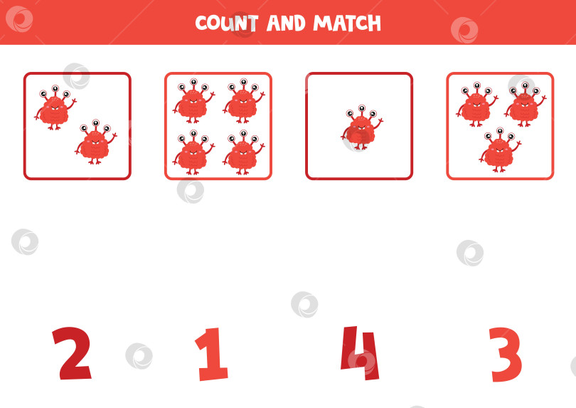 Скачать Игра со счетом для детей. Сосчитайте всех красных монстров и сопоставьте их с цифрами. Рабочая тетрадь для детей. фотосток Ozero