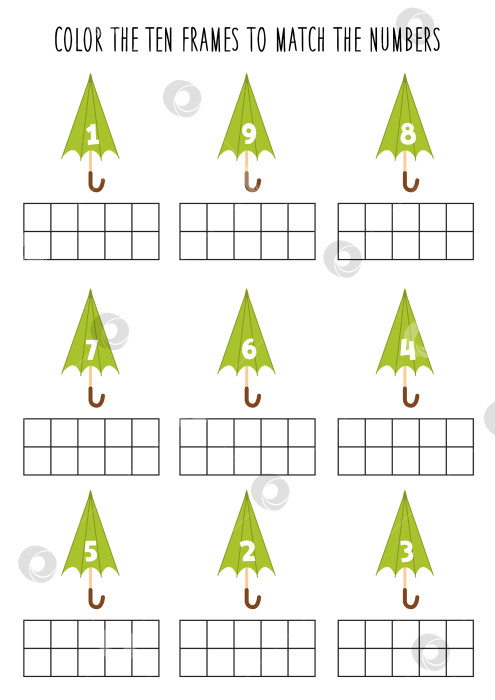 Скачать Раскрасьте десять рамок в соответствии с цифрами. Рабочая тетрадь по математике для детей. фотосток Ozero