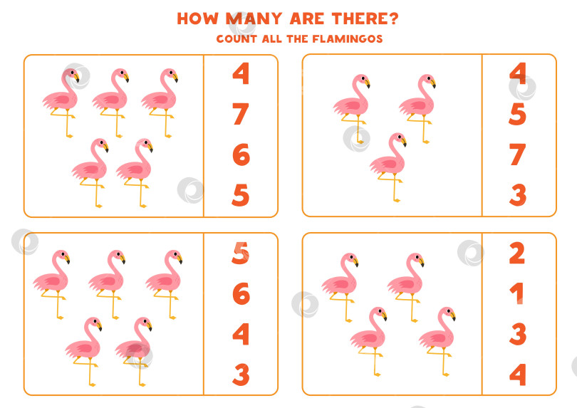 Скачать Сосчитайте всех розовых фламинго и обведите правильные ответы кружком. фотосток Ozero
