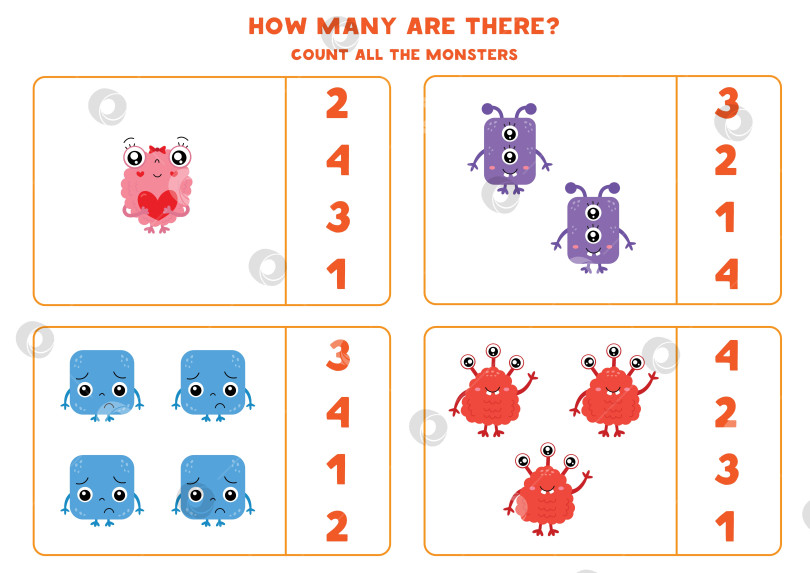 Скачать Подсчитайте всех милых и красочных монстров и обведите правильные ответы кружком. фотосток Ozero