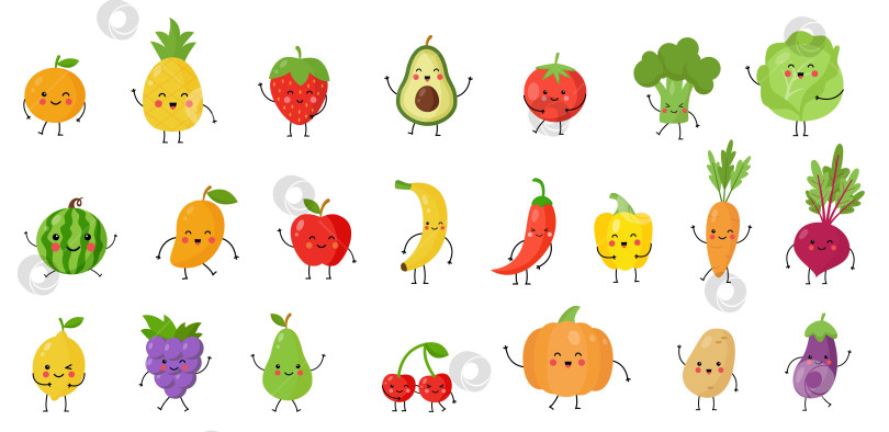 Скачать Векторная иллюстрация милых кавайных фруктов, ягод и овощей с руками и ногами. фотосток Ozero