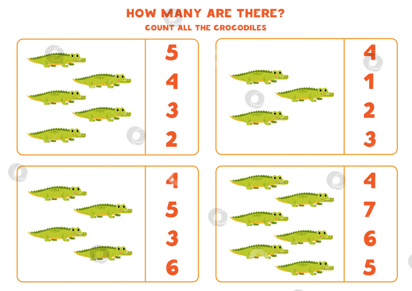 Скачать Подсчитайте всех зеленых крокодилов и обведите правильные ответы кружком. фотосток Ozero