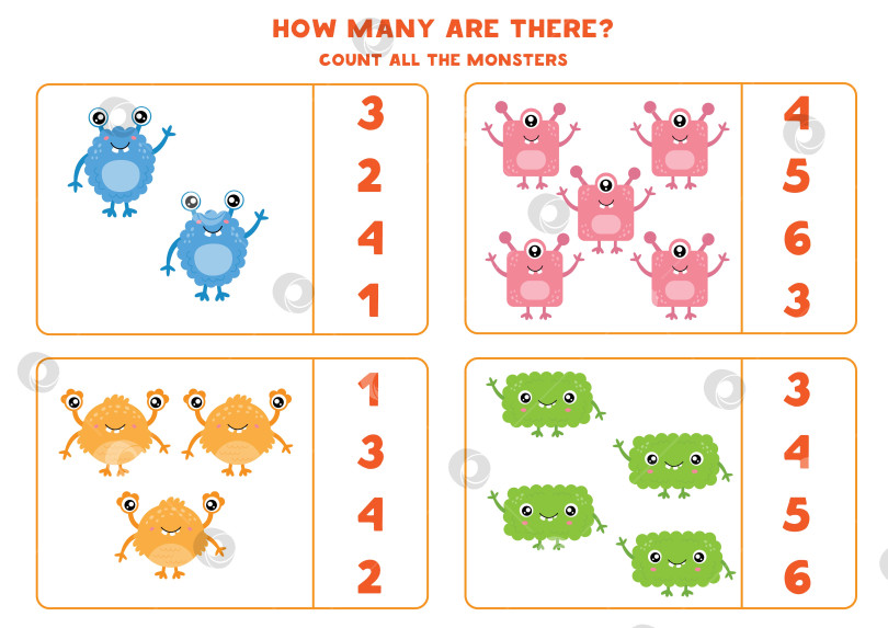 Скачать Подсчитайте всех милых и красочных монстров и обведите правильные ответы кружком. фотосток Ozero