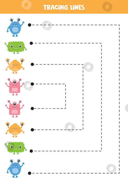 Скачать Обводка линий для детей. Мультяшные красочные монстры. Тренировка рукописного ввода. фотосток Ozero
