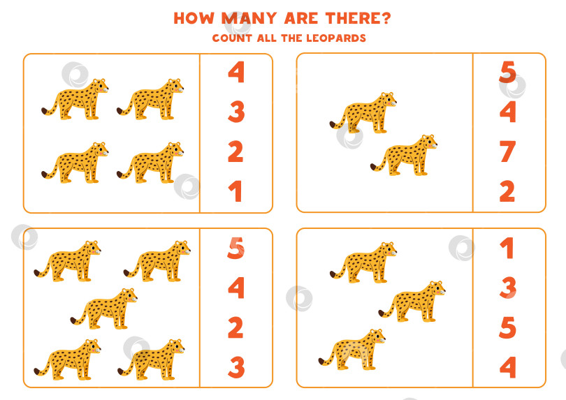 Скачать Подсчитайте всех диких леопардов и обведите правильные ответы кружком. фотосток Ozero
