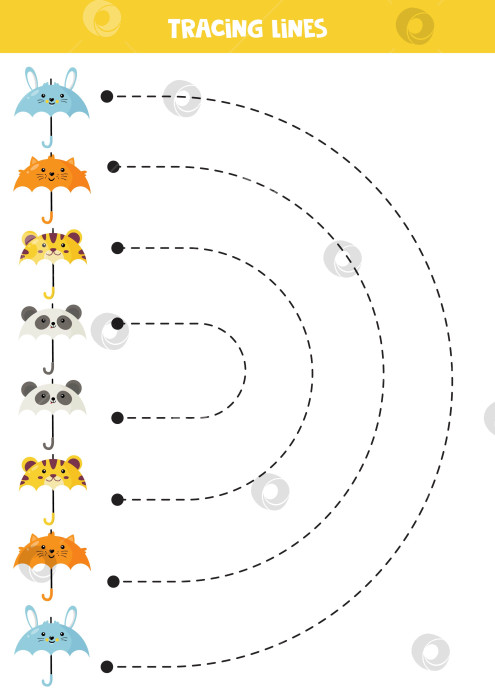 Скачать Обводка линий для детей. Зонтики с милыми мультяшными животными. Практика письма. фотосток Ozero