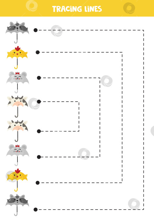 Скачать Обводка линий для детей. Зонтики с милыми мультяшными животными. Практика письма. фотосток Ozero