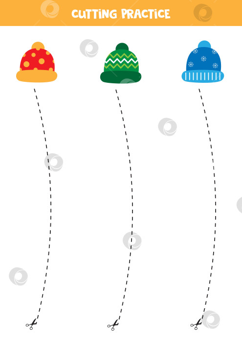 Скачать Тренировка кроя для детей с милыми разноцветными зимними шапочками. фотосток Ozero