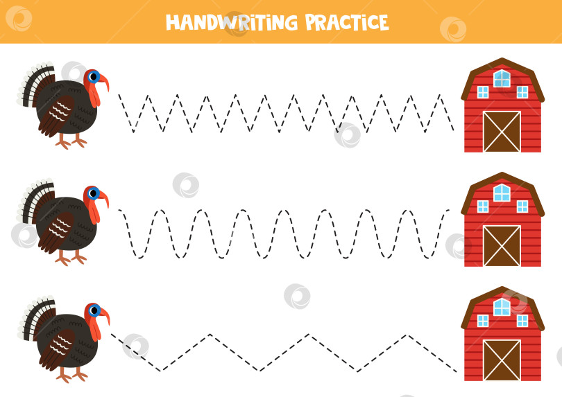 Скачать Обводка линий для детей. Милая мультяшная птичка-индейка и красный сарай на ферме. Тренировка рукописного ввода. фотосток Ozero