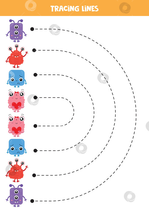 Скачать Обводка линий для детей. Мультяшные красочные монстры. Тренировка рукописного ввода. фотосток Ozero