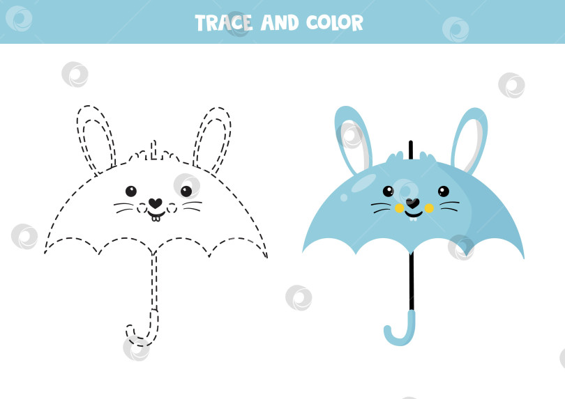 Скачать Нарисуйте и раскрасьте милый мультяшный зонтик с голубым кроликом. Рабочий лист для детей. фотосток Ozero