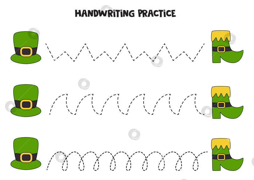 Скачать Обводка линий для детей. Нарисуйте зеленые ботинки и шляпу. Практика письма. фотосток Ozero