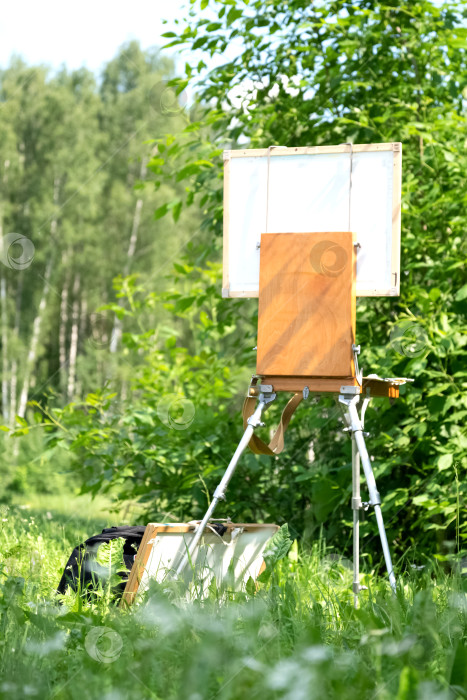 Скачать Мольберт художника стоит среди летней зелени фотосток Ozero