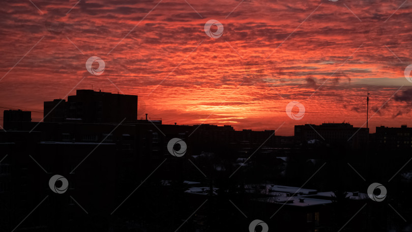 Скачать Силуэт жилого района под пылающим небом на рассвете ранним зимним утром фотосток Ozero