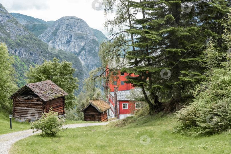 Скачать Норвежская деревня с традиционными деревянными домами красного цвета в зеленой долине, окруженной горным хребтом, Норвегия фотосток Ozero