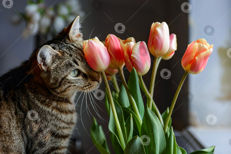 Скачать Домашняя полосатая кошка с тюльпанами. Сгенерирован искусственный интеллект. фотосток Ozero