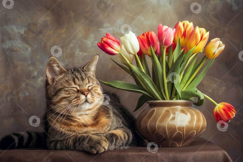 Скачать Домашняя полосатая кошка с тюльпанами. Сгенерирован искусственный интеллект. фотосток Ozero