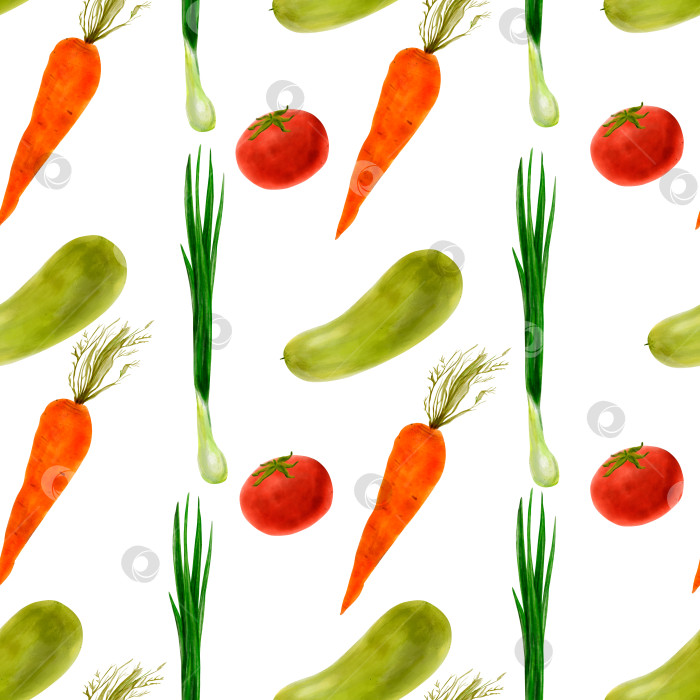 Скачать Растительный бесшовный узор акварелью, нарисованный от руки. Лук, помидор, цукини, морковь. Для кухонного текстиля, обоев, меню фотосток Ozero