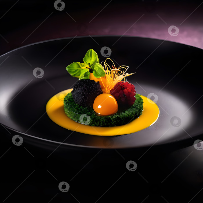 Скачать необычное блюдо молекулярной кухни на черной тарелке фотосток Ozero