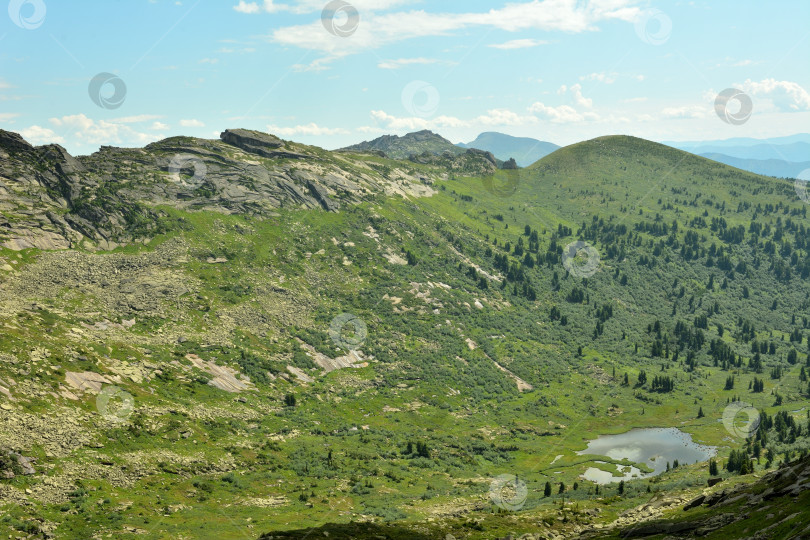 Скачать Вид сверху на живописное озеро, зажатое между двумя высокими горными хребтами, поросшими травой, под солнечным летним небом. фотосток Ozero