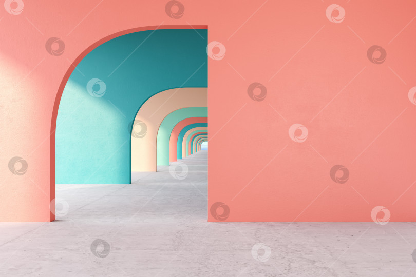 Скачать Цветной архитектурный коридор с пустой стеной, бетонным полом, линией горизонта. фотосток Ozero
