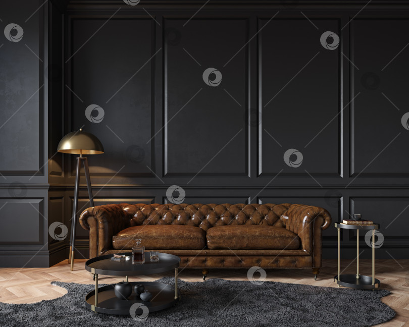 Скачать Современный классический черный интерьер с коричневым кожаным диваном chester от capitone, торшером, фотосток Ozero