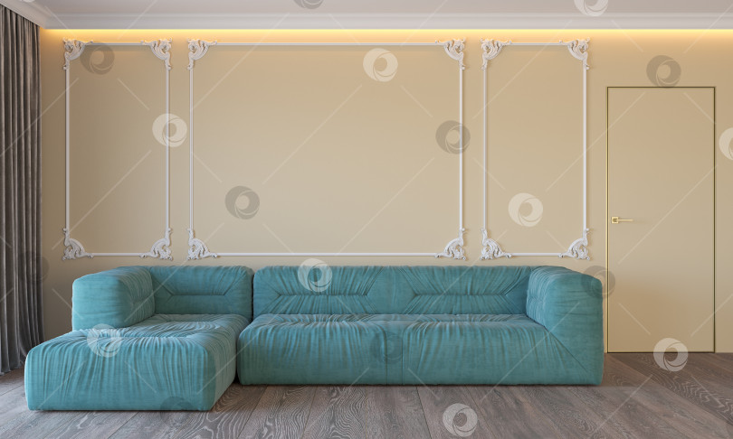 Скачать Современный классический бежевый интерьер, голубой диван, лепнина на стенах, потолок, деревянный пол с подсветкой, дверные занавески. фотосток Ozero