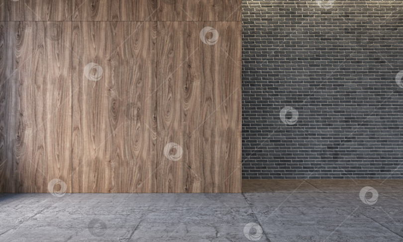 Скачать Современный интерьер в стиле лофт с деревянными стеновыми панелями, кирпичной стеной, бетонным полом. Пустая комната, глухая стена. фотосток Ozero