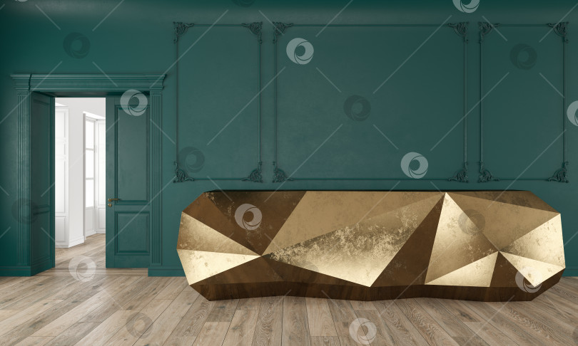Скачать Золотой стол для приема гостей в классическом интерьере зеленого цвета с лепниной и деревянным полом. фотосток Ozero