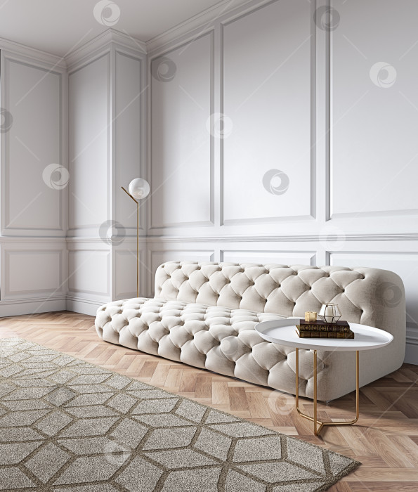Скачать Современный классический белый интерьер с диваном capitone chester, торшером, журнальным столиком, ковром, деревянным полом, лепниной. фотосток Ozero