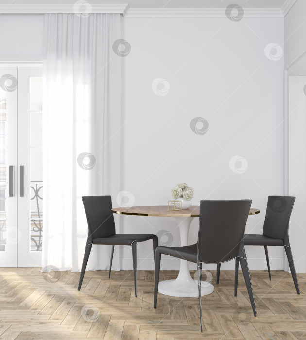 Скачать Классическая белая пустая комната с обеденным столом, стульями, занавеской, деревянным полом и цветами. фотосток Ozero