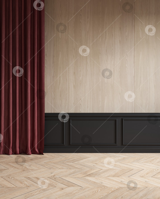 Скачать Современный классический пустой интерьер с занавесками, лепниной, деревянным полом. фотосток Ozero