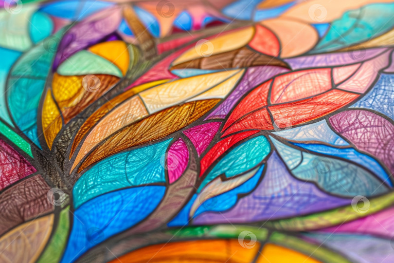 Скачать Крупный план яркого витражного узора с мириадами разноцветных переплетающихся листьев и текстурированных деталей, передающих ощущение замысловатого мастерства. фотосток Ozero