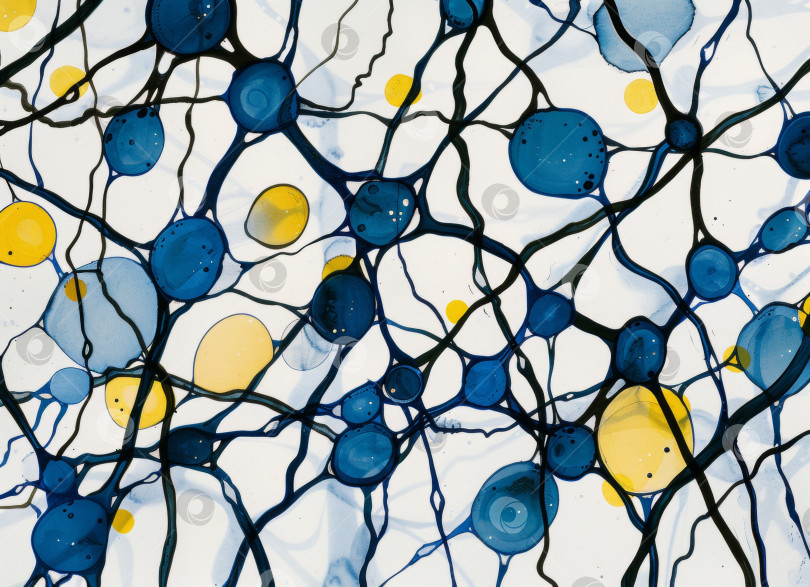 Скачать Яркое художественное произведение, напоминающее нервные пути, с переплетающимися синими и желтыми оттенками, создающими эффект яркого витража, вызывающего самоанализ и исцеление. фотосток Ozero
