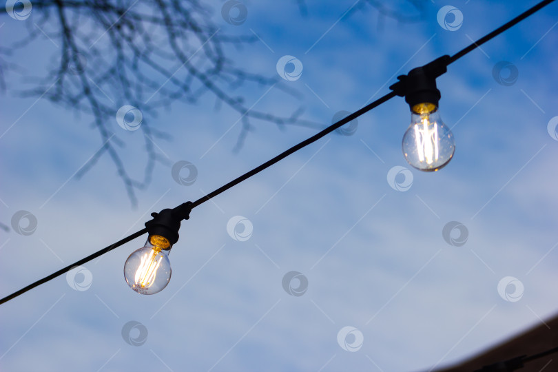 Скачать atmospheric light bulbs on the street, waterproof cord, outdoor wiring фотосток Ozero