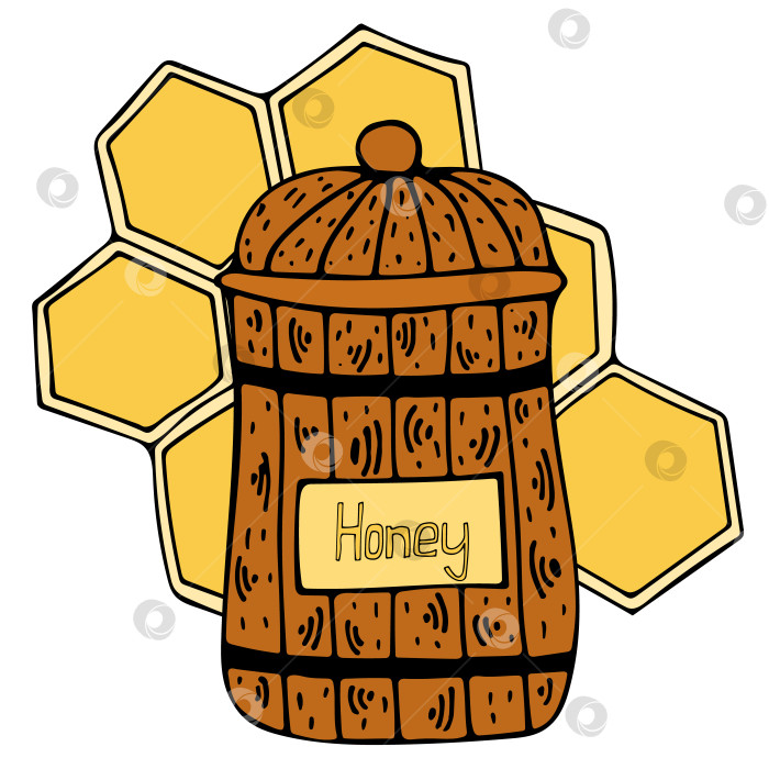 Скачать Деревянный горшочек с медом и сотами. Натуральные продукты пчеловодства. Полезная и вкусная еда. Цветные каракули на белом фоне. Рисованный эскиз яркими красками. Иллюстрация для детей. фотосток Ozero