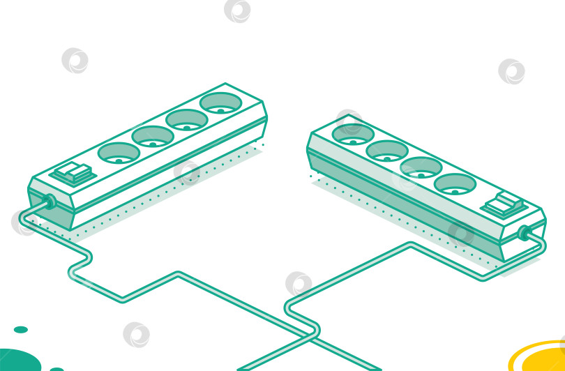 Скачать Планка для электрической розетки. Концепция изометрического контура. Два объекта. Современный электрический удлинитель. Плата питания с четырьмя разъемами. фотосток Ozero