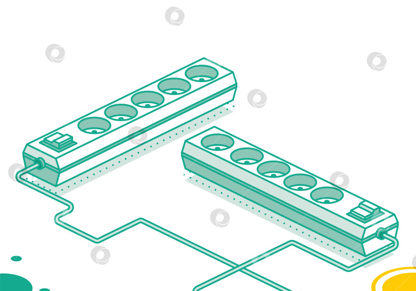Скачать Планка для электрической розетки. Концепция изометрического контура. Два объекта. Современный электрический удлинитель. Плата питания с пятью разъемами. фотосток Ozero