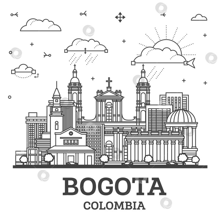 Скачать Очертите горизонт города Богота, Колумбия, с историческими зданиями, выделенными белым цветом. Иллюстрация. Городской пейзаж Боготы с достопримечательностями. фотосток Ozero