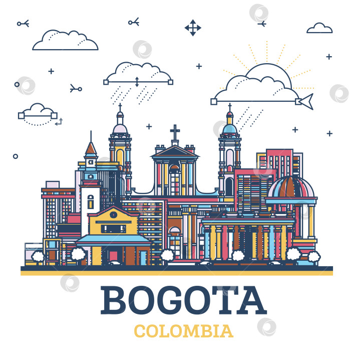 Скачать Очертите горизонт города Богота, Колумбия, с цветными историческими зданиями, выделенными на белом фоне. Иллюстрация. Городской пейзаж Боготы с достопримечательностями. фотосток Ozero