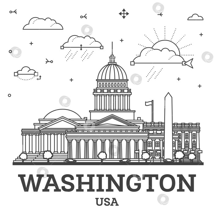Скачать Очертите горизонт Вашингтона, Округ Колумбия, США, с современными зданиями, выделенными белым цветом. Иллюстрация. Городской пейзаж Вашингтона, округ Колумбия, с достопримечательностями. фотосток Ozero