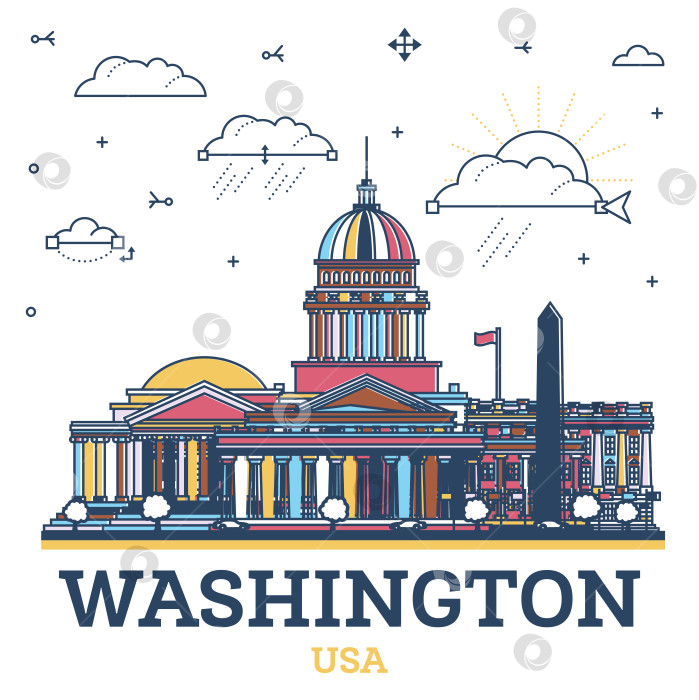 Скачать Очертите горизонт Вашингтона, Округ Колумбия, США, с цветными современными зданиями, выделенными на белом фоне. Иллюстрация. Городской пейзаж Вашингтона, округ Колумбия, с достопримечательностями. фотосток Ozero