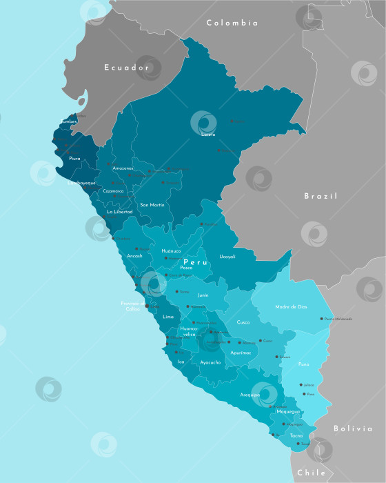 Скачать Векторная иллюстрация. Упрощенная административная карта Перу. Синий фон Тихого океана. Граничит с Бразилией, Эквадором, Колумбией, Чили, Боливией. Названия перуанских городов, провинций. фотосток Ozero