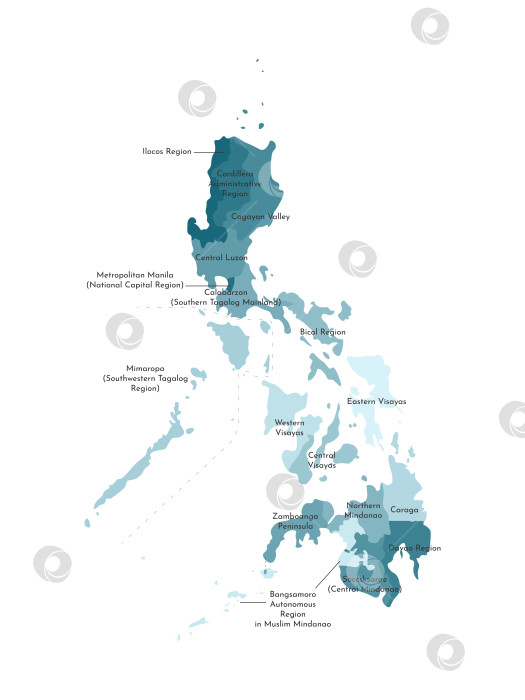 Скачать Векторная изолированная иллюстрация упрощенной административной карты Филиппин. Границы и названия регионов. Красочные силуэты синего цвета хаки фотосток Ozero