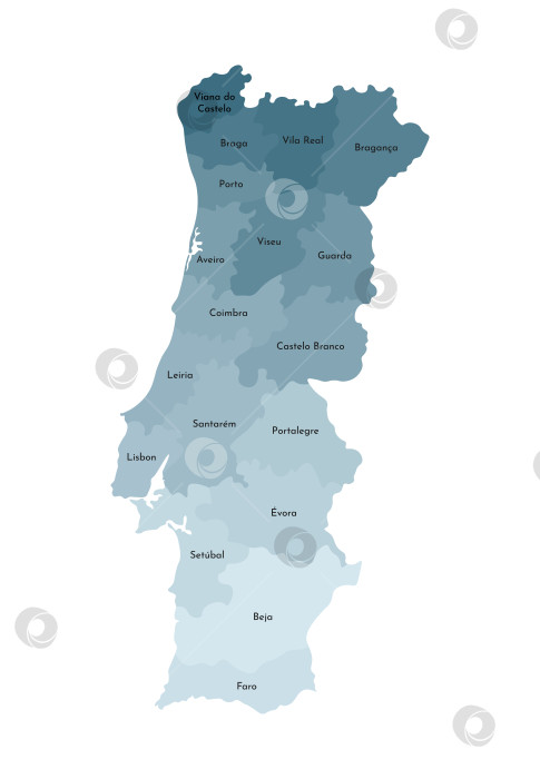 Скачать Векторная изолированная иллюстрация упрощенной административной карты Португалии. Границы и названия регионов. Красочные силуэты синего цвета хаки. фотосток Ozero