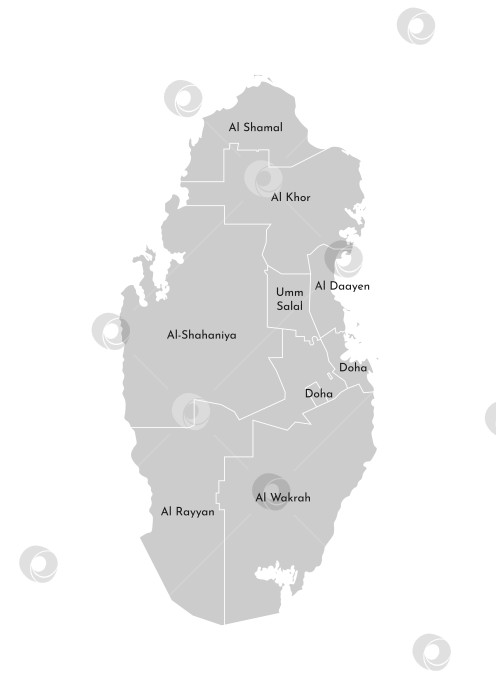 Скачать Векторная изолированная иллюстрация упрощенной административной карты Катара. Границы и названия провинций, регионов. Серые силуэты. Белый контур фотосток Ozero